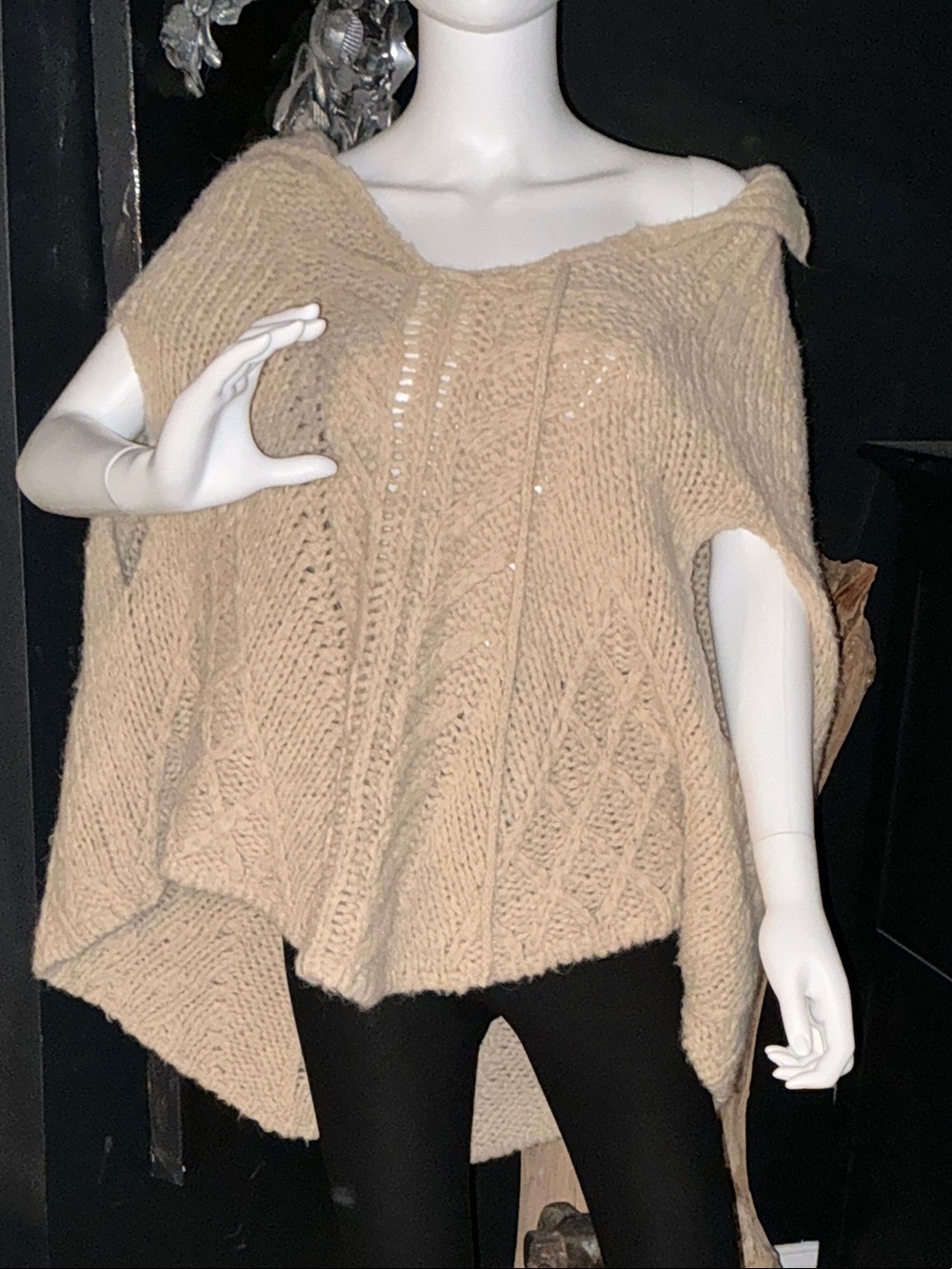 Textured Knit Poncho Sweater in Beige